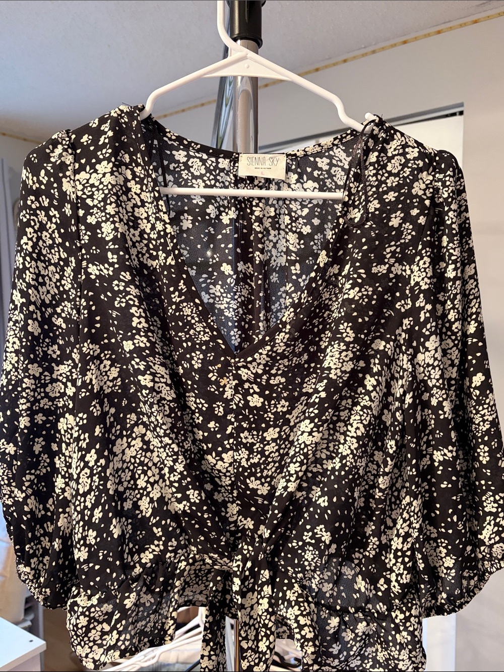 Sienna Sky Black & White Floral V-Neck Tie-Front Long Sleeve Dress